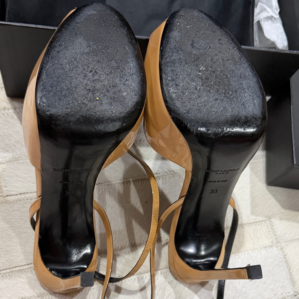 Saint Laurent Nude Patent Leather Platform Peep-Toe Slingback Heels - Picture 16 of 16
